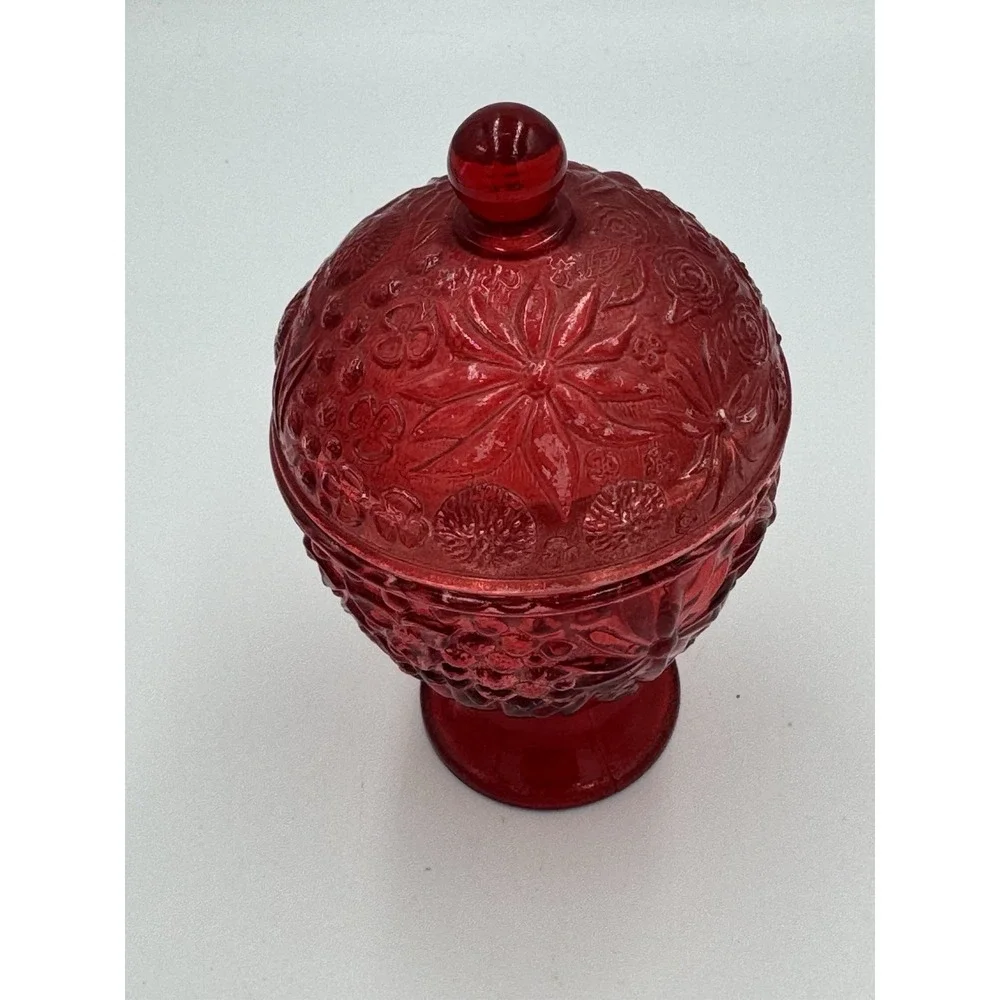 Vintage Avon Ruby Red Embossed Floral Candy Dish with Lid